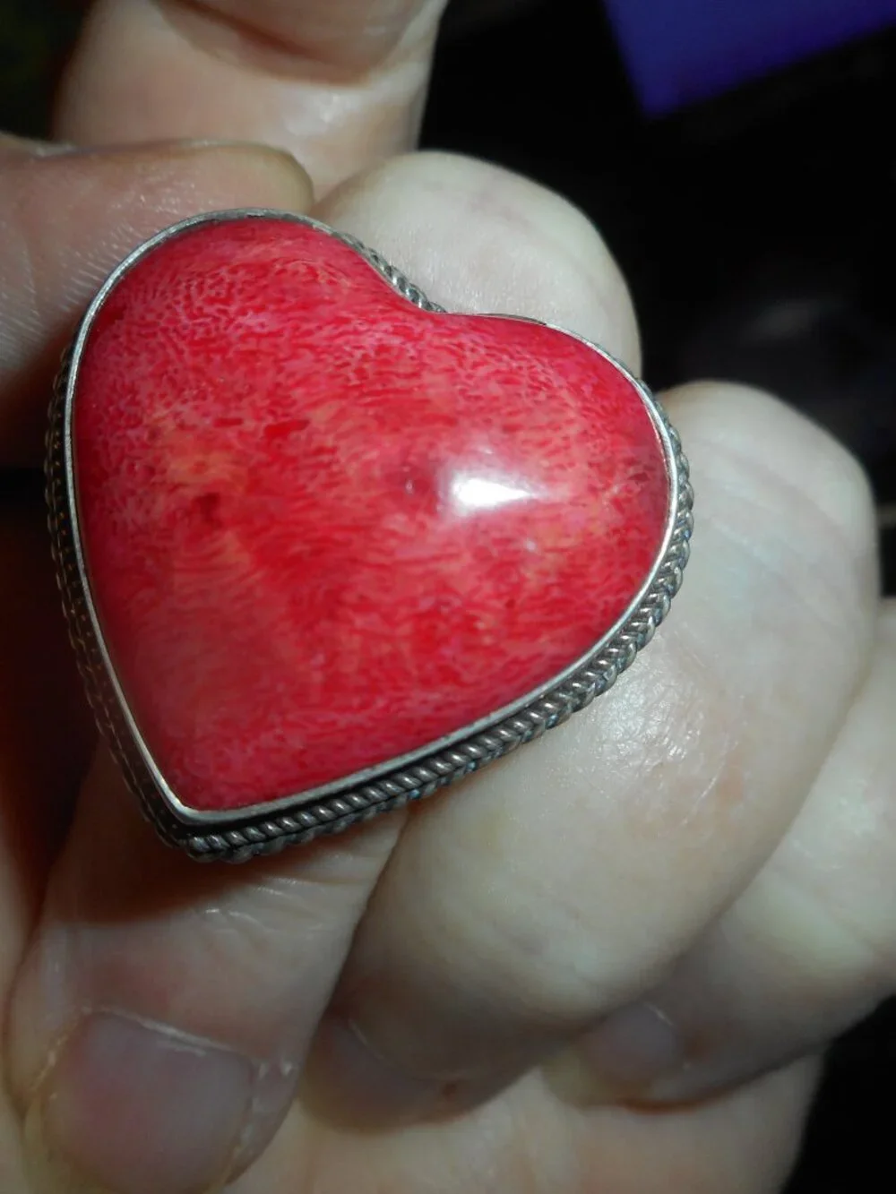 LARGER RED, (HEART) STONE ON SILVER BAND - Women Jewelry, SIZE  7 3/4- 8